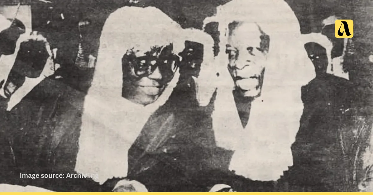 Two figures in traditional dress, archival newsprint