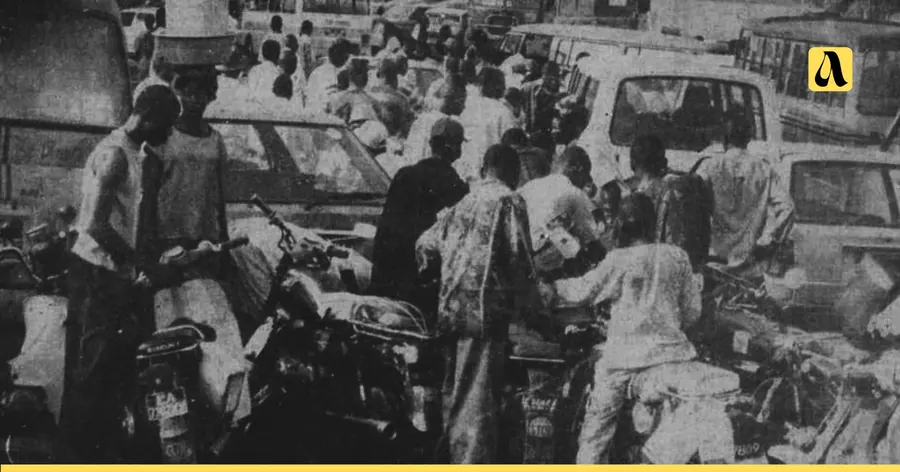 Packed street scene, archival newsprint